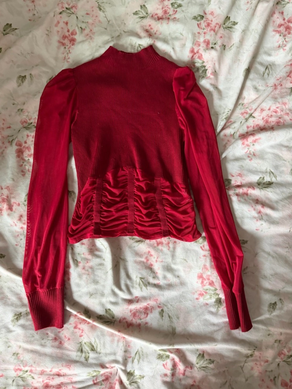 Red Ruched Long-Sleeve Women's Top